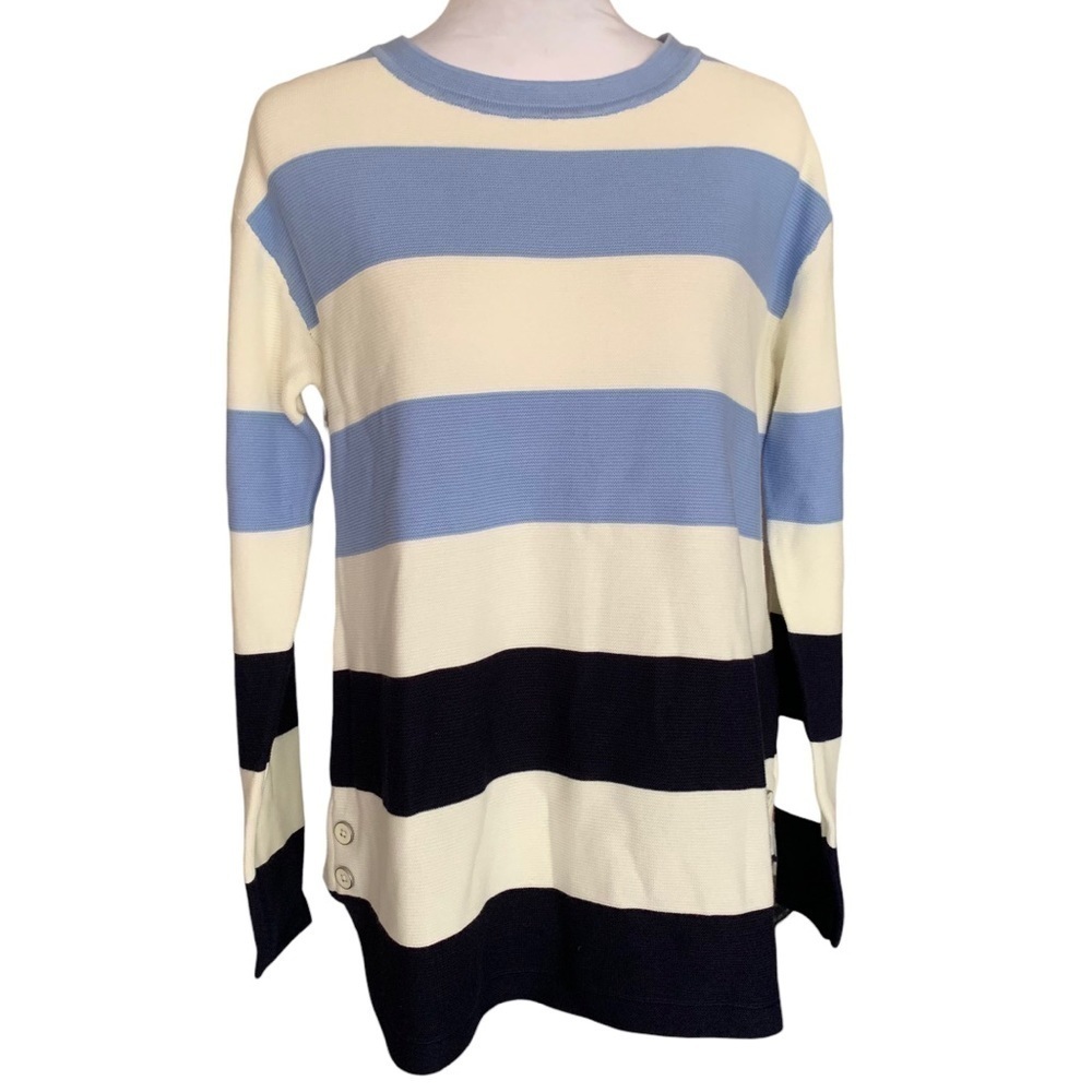 Talbots NWOT Coastal Wide Stripe Round Hem Cotton Sweater Blue Black Sz SP